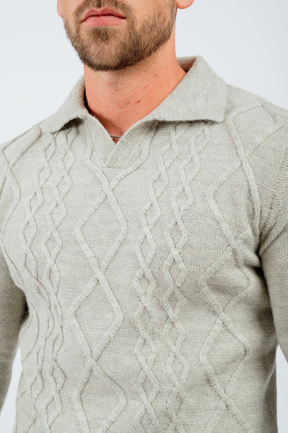 HABER KNITWEAR CABLE KNIT POLO SHIRT - LIGHT GREY