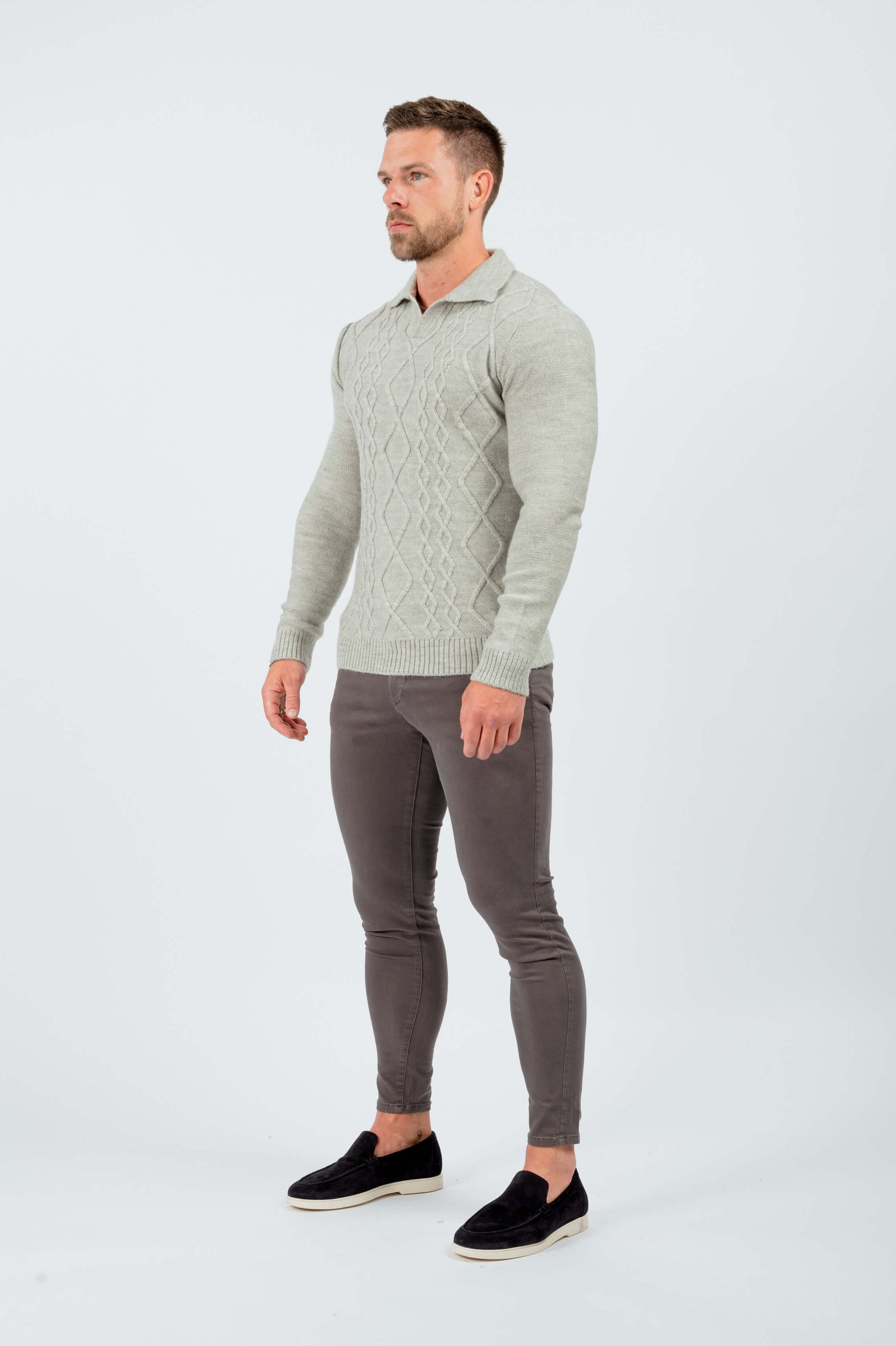 HABER KNITWEAR CABLE KNIT POLO SHIRT - LIGHT GREY