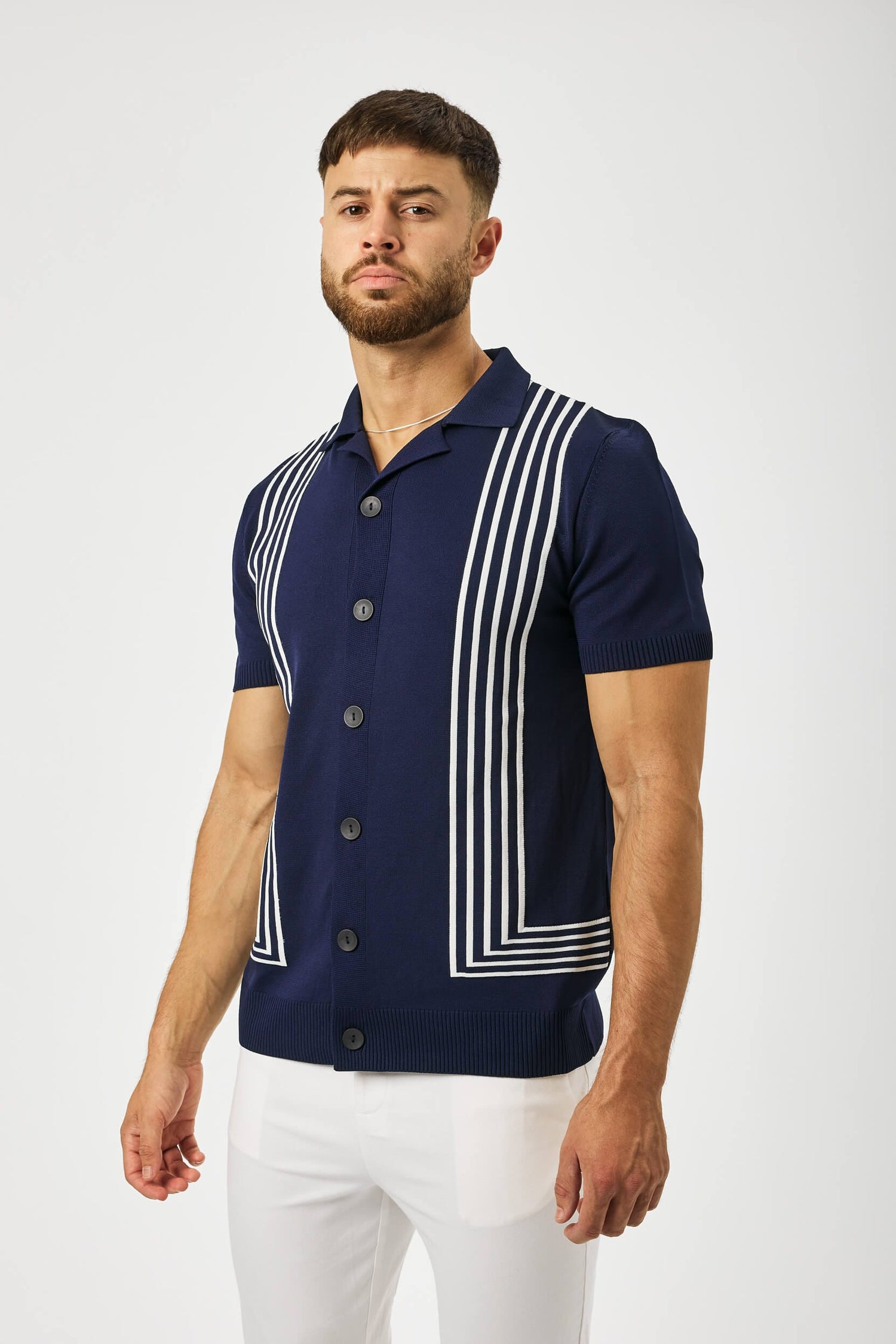 HABER KNITWEAR REVERE COLLAR STRIPED KNIT POLO - NAVY