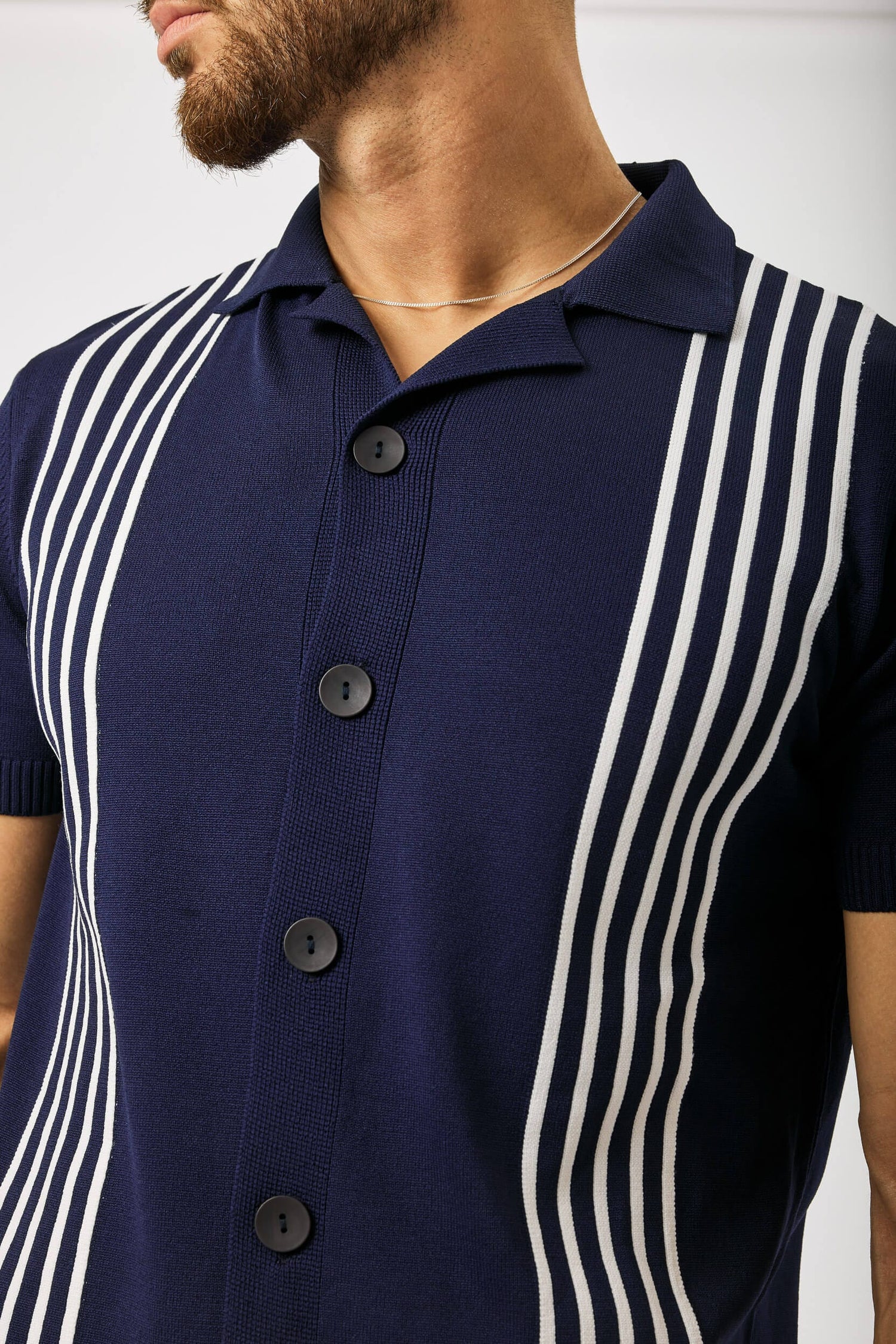 HABER KNITWEAR REVERE COLLAR STRIPED KNIT POLO - NAVY