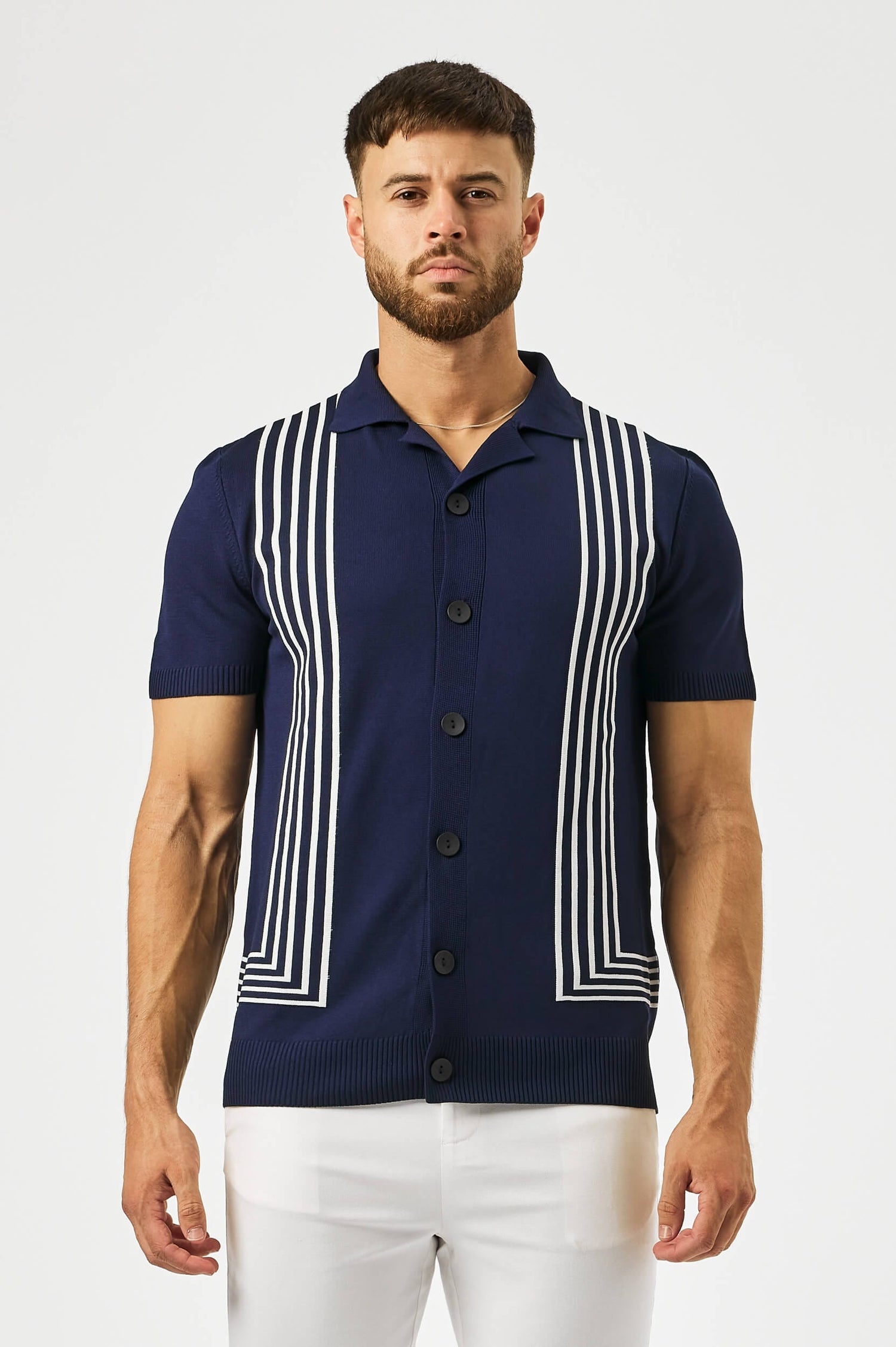 HABER KNITWEAR REVERE COLLAR STRIPED KNIT POLO - NAVY