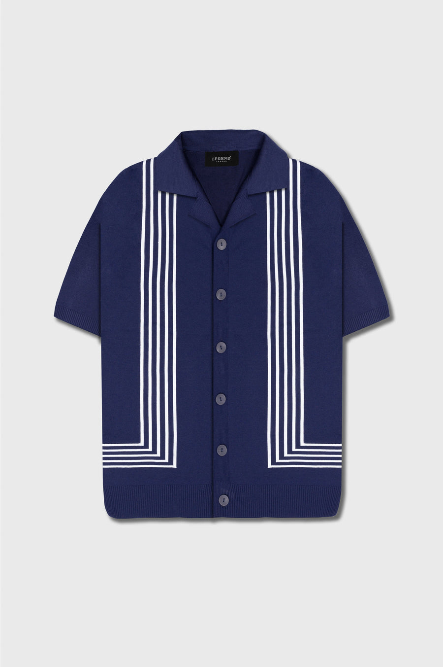 HABER KNITWEAR REVERE COLLAR STRIPED KNIT POLO - NAVY