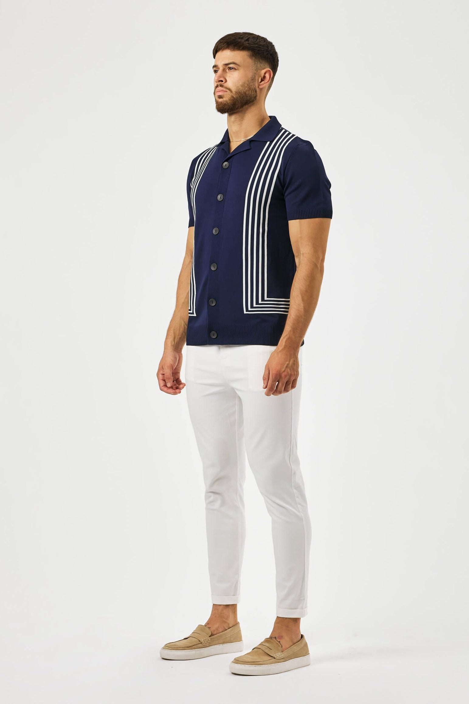 HABER KNITWEAR REVERE COLLAR STRIPED KNIT POLO - NAVY