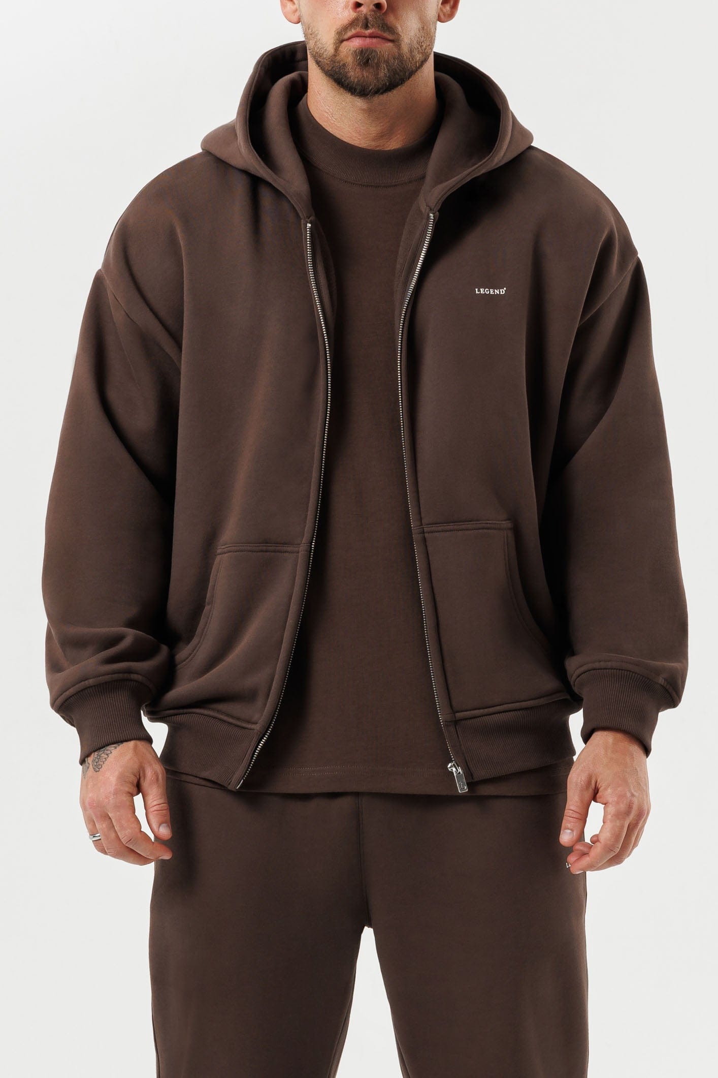 LEGEND LONDON Hoodie - ZIPPED ZIPPED HOODIE - BROWN