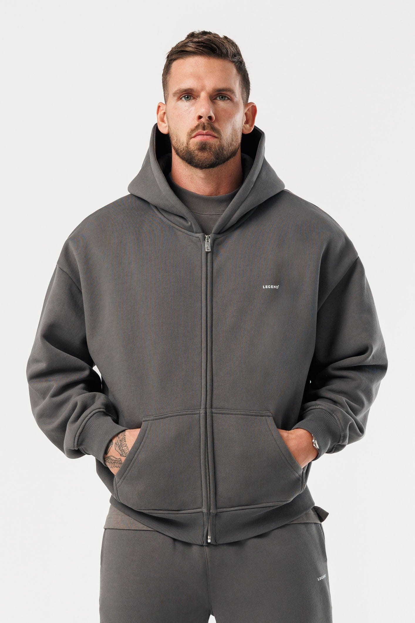 LEGEND LONDON Hoodie - ZIPPED ZIPPED HOODIE - DARK GREY
