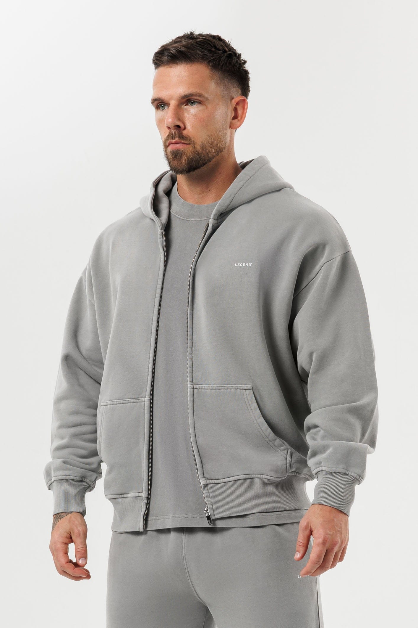 LEGEND LONDON Hoodie - ZIPPED ZIPPED HOODIE - WASHED GREY