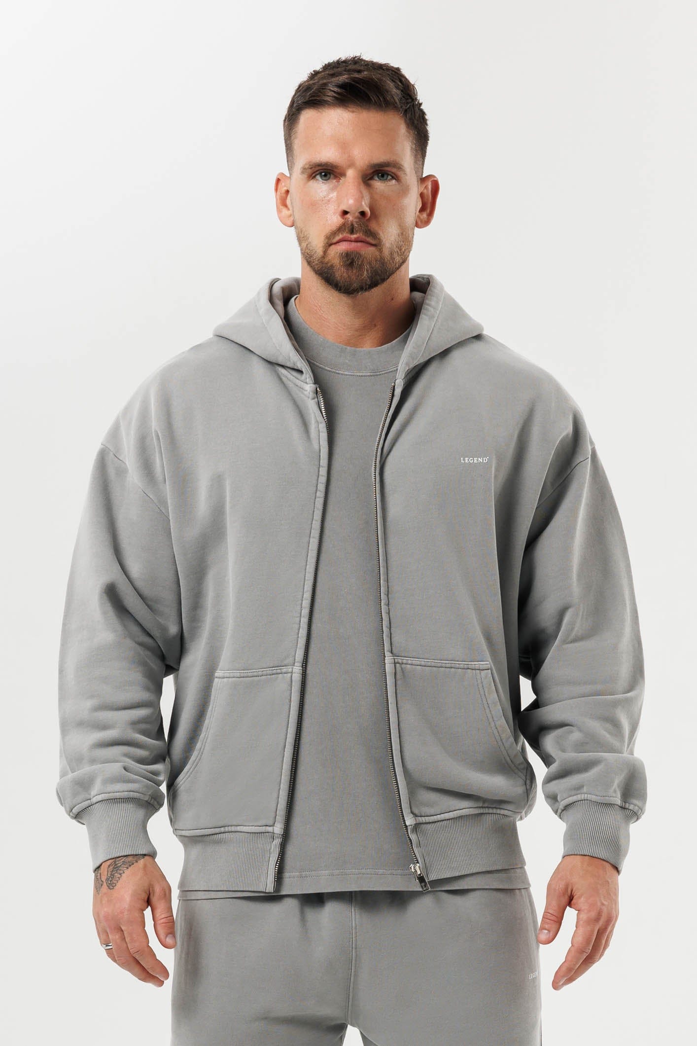 LEGEND LONDON Hoodie - ZIPPED ZIPPED HOODIE - WASHED GREY