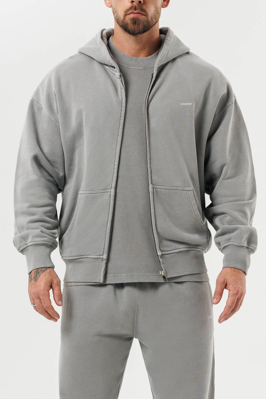 LEGEND LONDON Hoodie - ZIPPED ZIPPED HOODIE - WASHED GREY