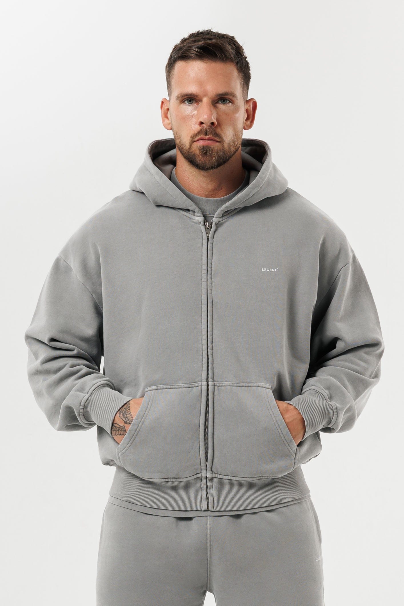 LEGEND LONDON Hoodie - ZIPPED ZIPPED HOODIE - WASHED GREY