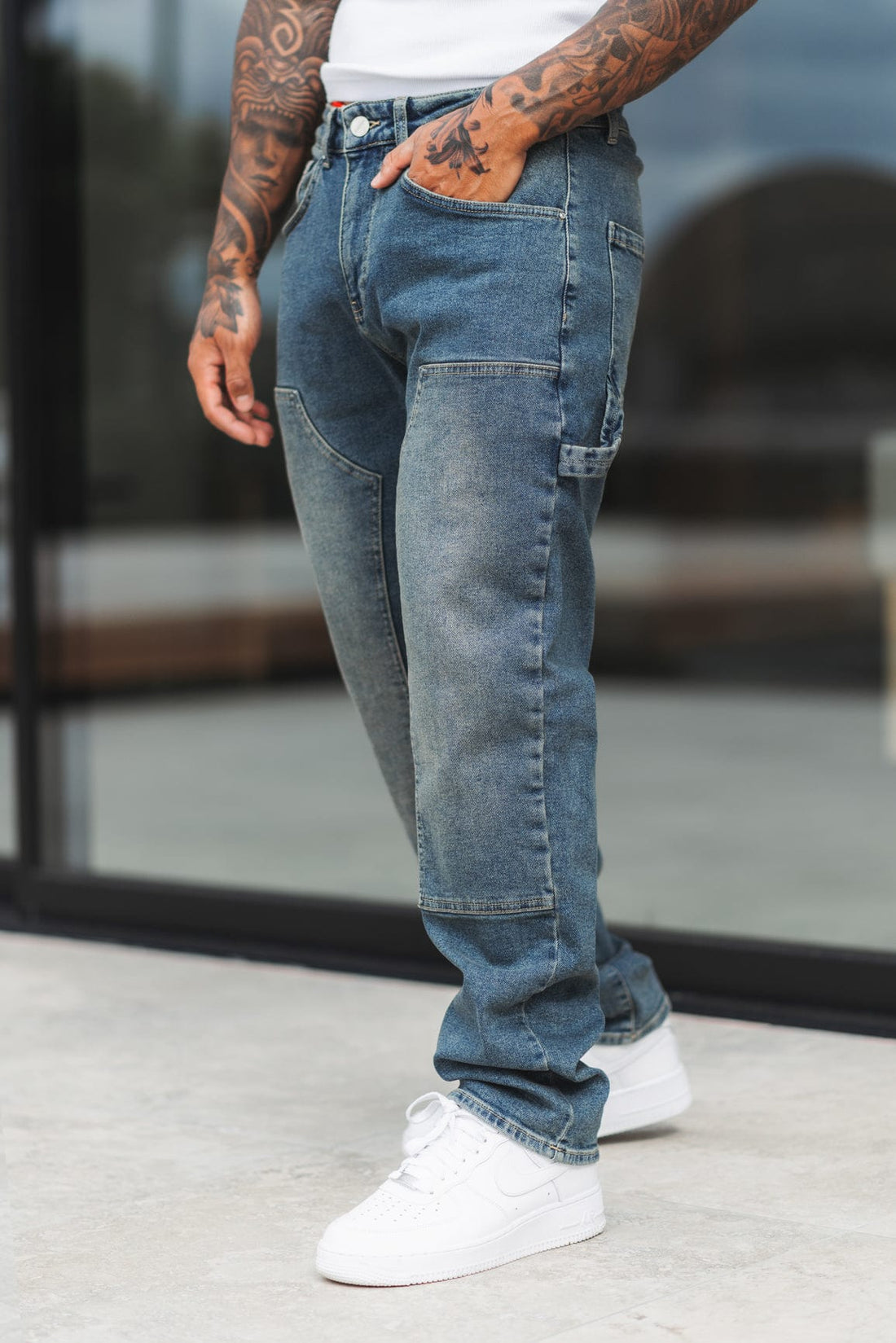 Full Blue Men's Carpenter Jeans - Light Stonewash, Loose Fit, 36W X 36L - Durable Cotton Denim Work Pants