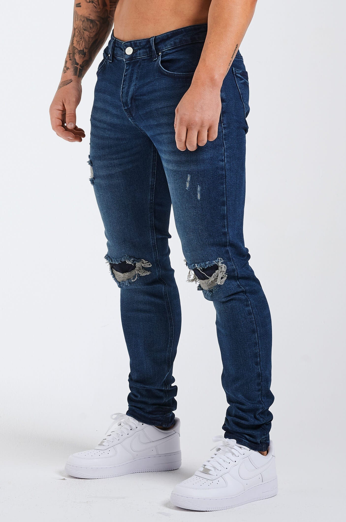 SLIM FIT JEANS 2.0 DISTRESSED AND PATCHED - DARK BLUE – Legend London