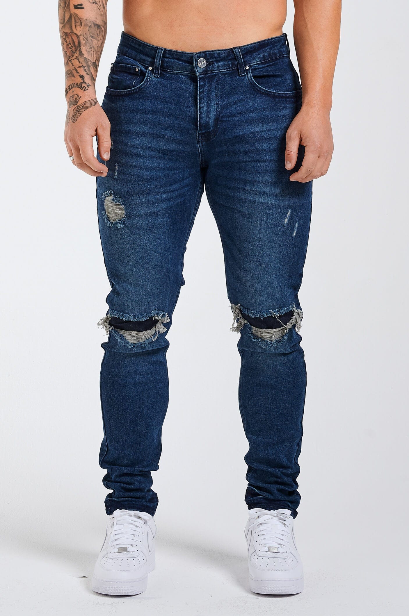 SLIM FIT JEANS 2.0 DISTRESSED AND PATCHED - DARK BLUE – Legend London