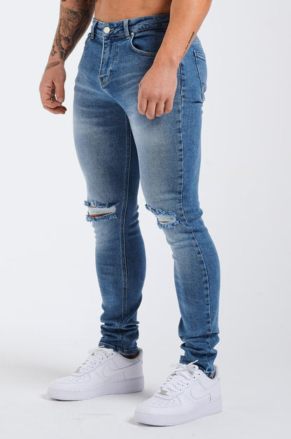 SLIM FIT JEANS ESSENTIAL RIPPED BLUE WASH – Legend London