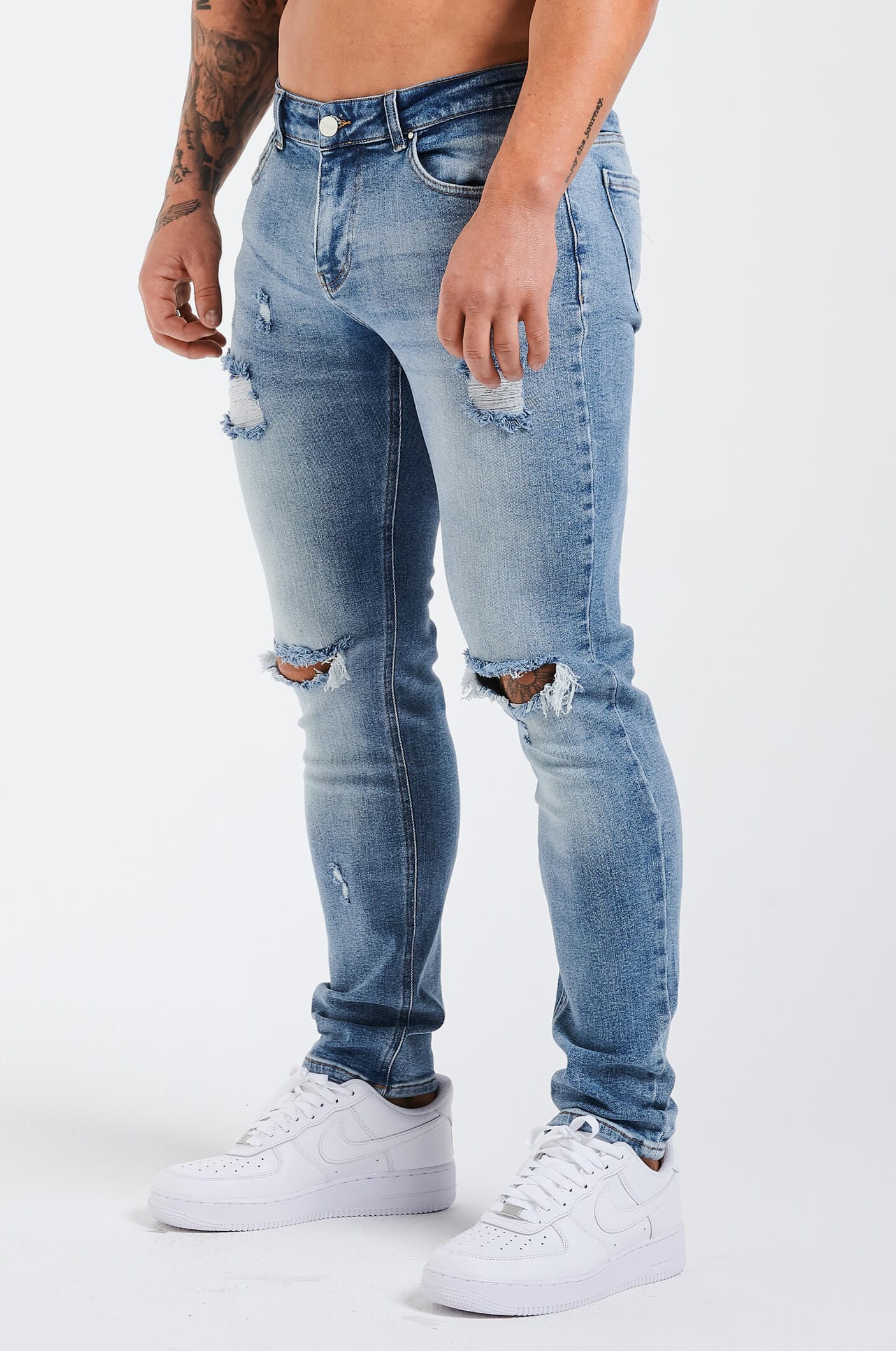 SLIM FIT JEANS 2.0 RIPPED AND REPAIRED - MID BLUE – Legend London