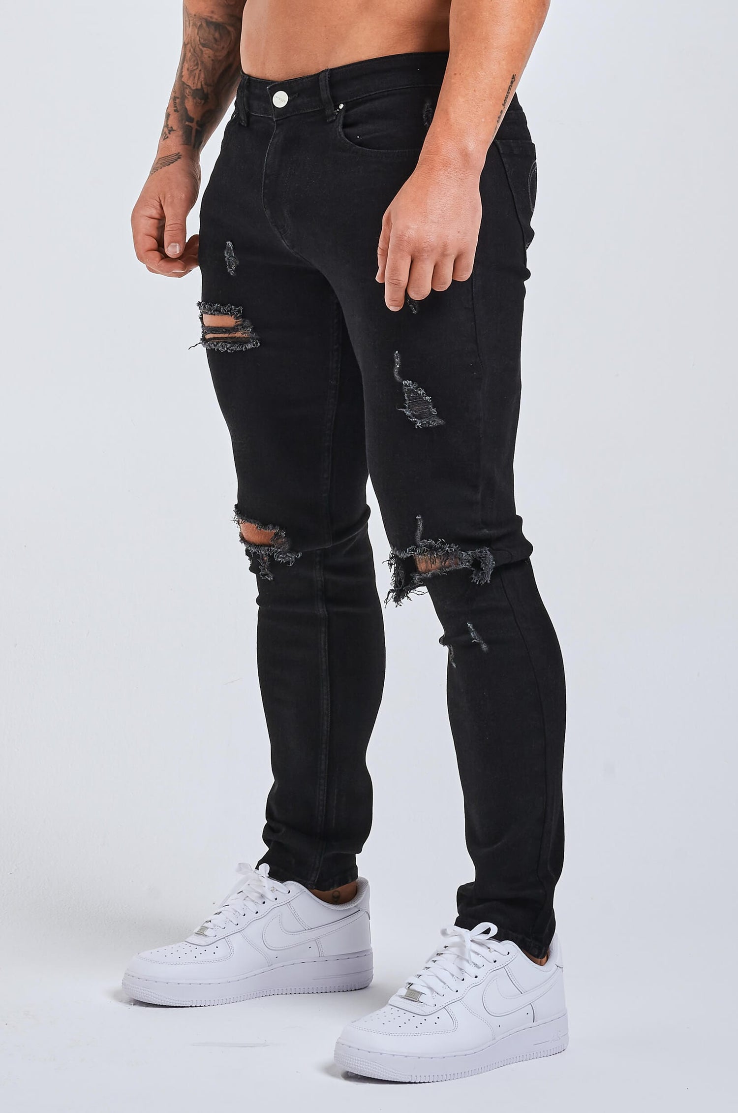 SLIM FIT JEANS RIPPED REPAIRED BLACK – Legend London