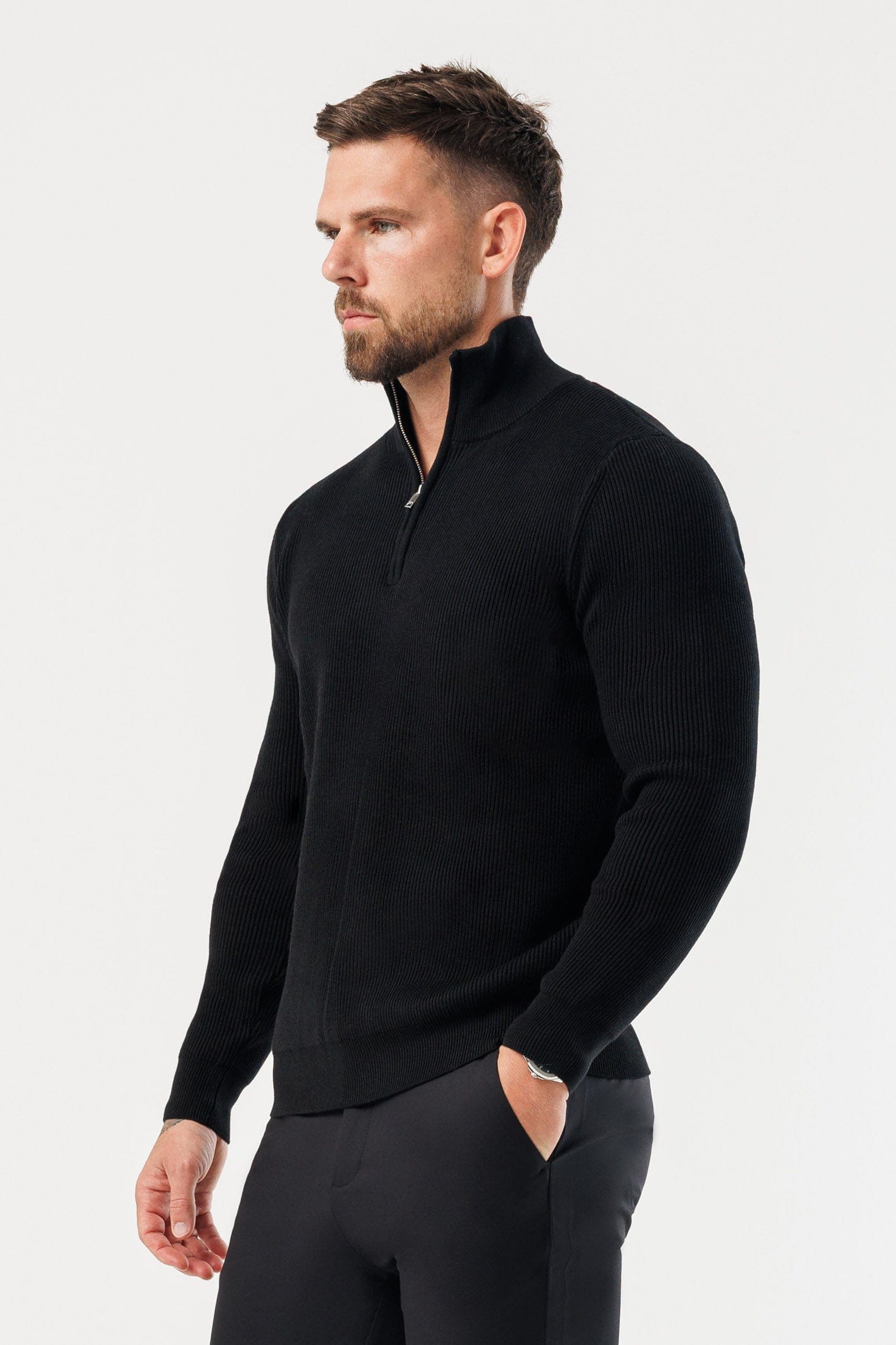 RIDGE KNIT QUARTER ZIP - BLACK – Legend London