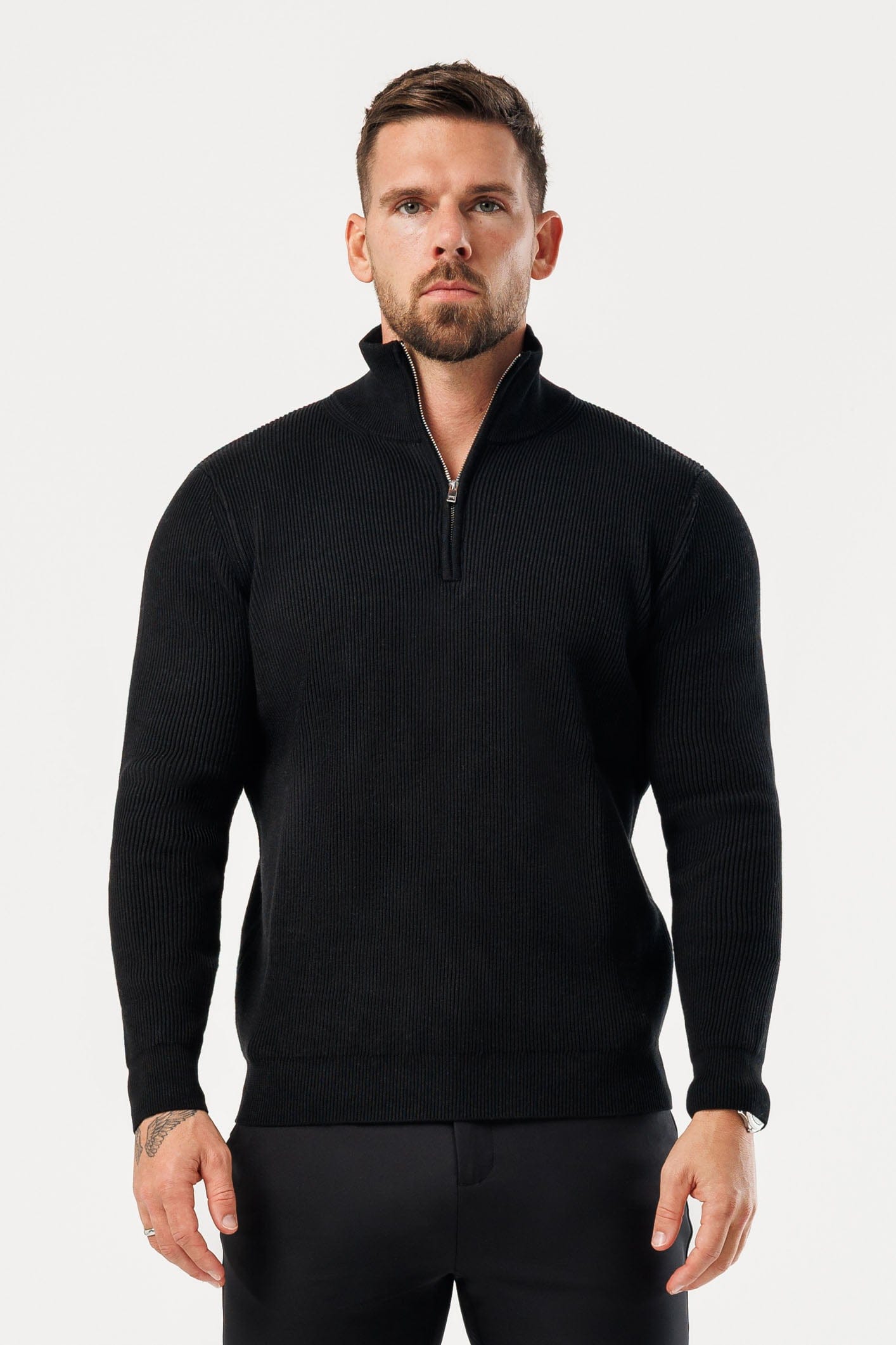 RIDGE KNIT QUARTER ZIP - BLACK – Legend London