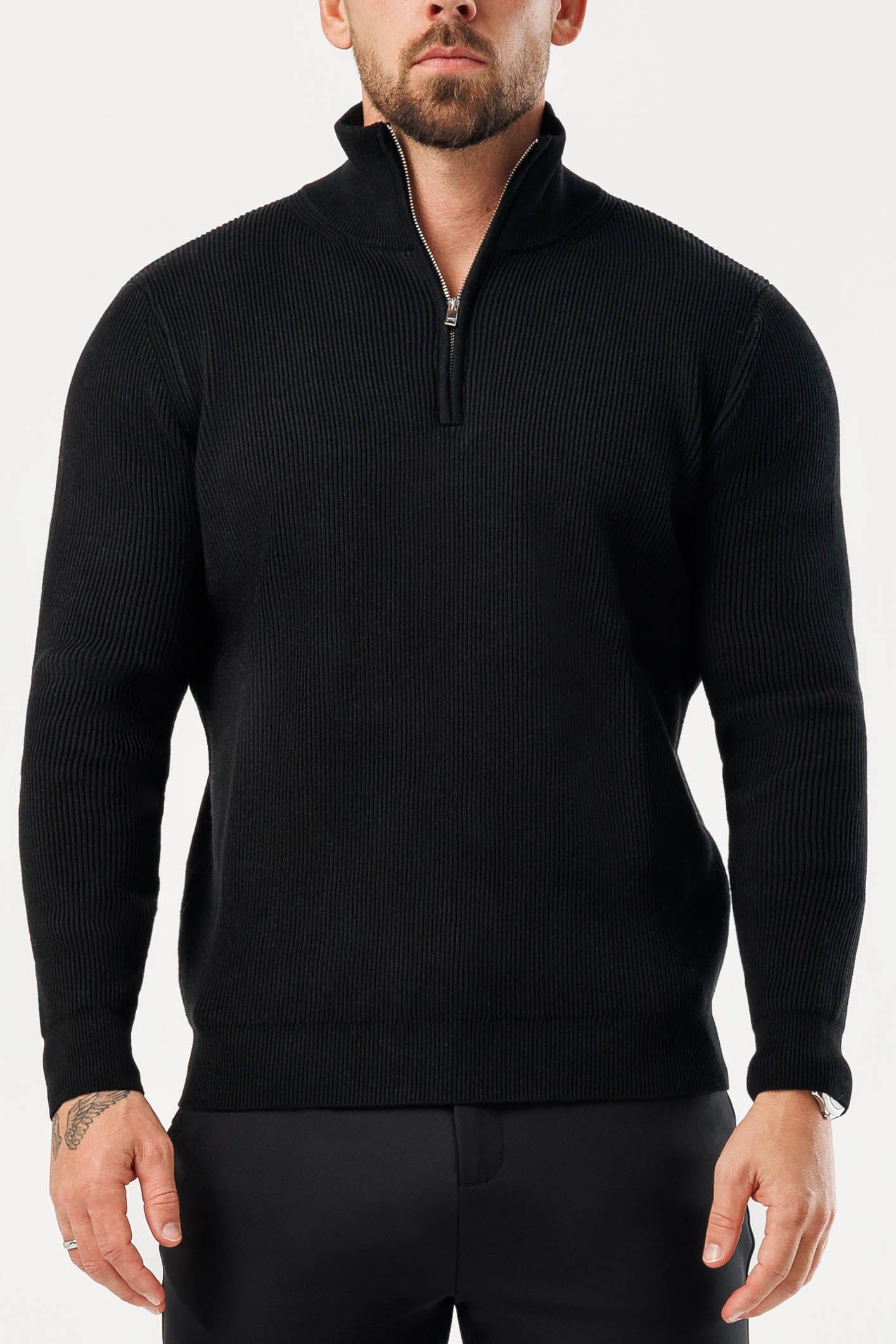 RIDGE KNIT QUARTER ZIP - BLACK – Legend London
