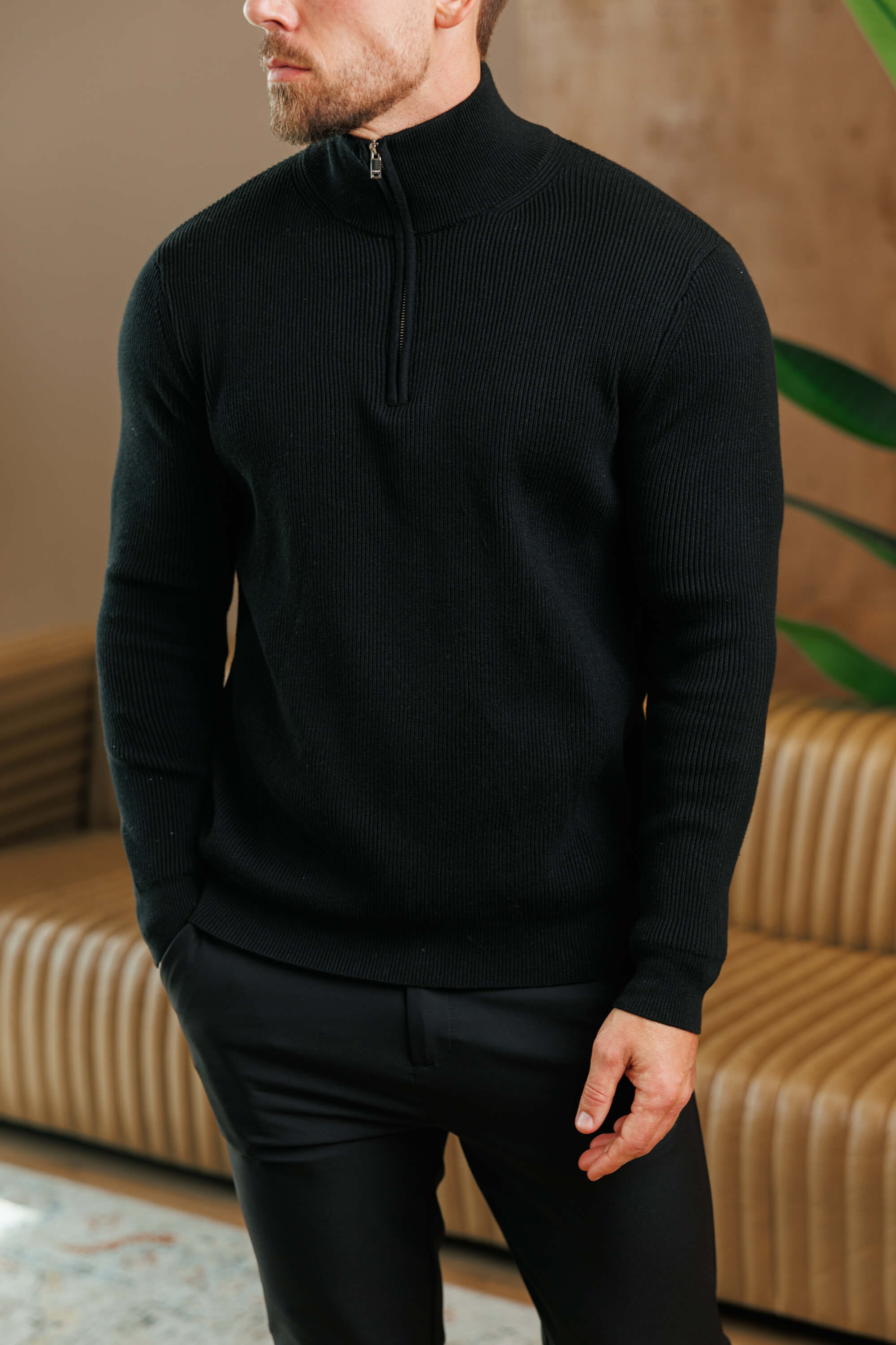 RIDGE KNIT QUARTER ZIP - BLACK – Legend London