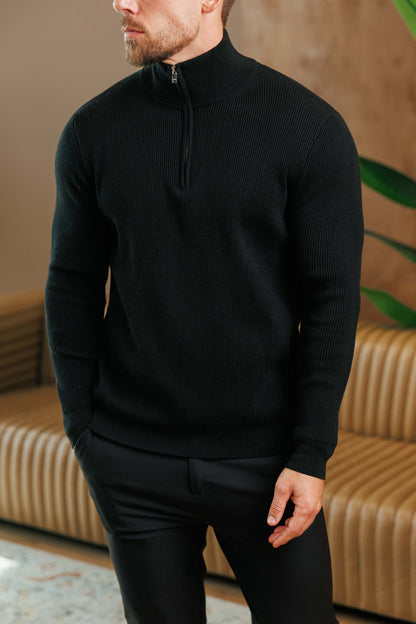 Legend London KNITWEAR RIDGE KNIT QUARTER ZIP - BLACK