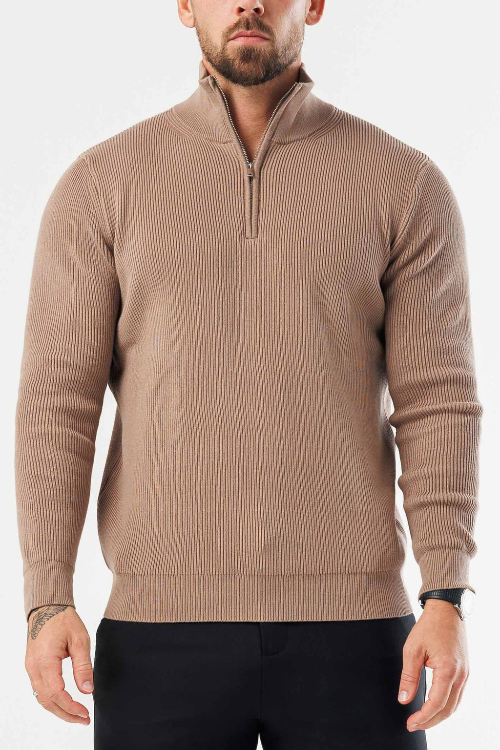 Legend London KNITWEAR RIDGE KNIT QUARTER ZIP - BROWN