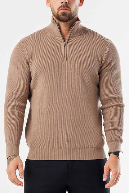 Legend London KNITWEAR RIDGE KNIT QUARTER ZIP - BROWN