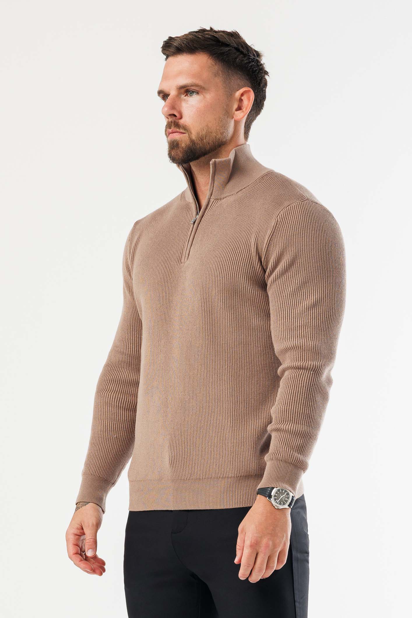 Legend London KNITWEAR RIDGE KNIT QUARTER ZIP - BROWN