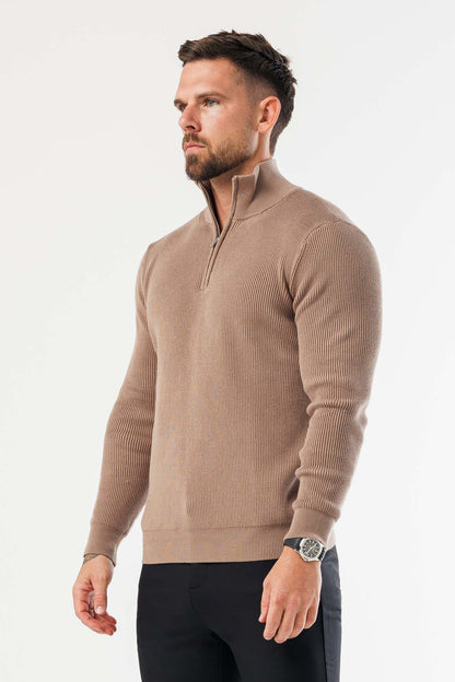 Legend London KNITWEAR RIDGE KNIT QUARTER ZIP - BROWN