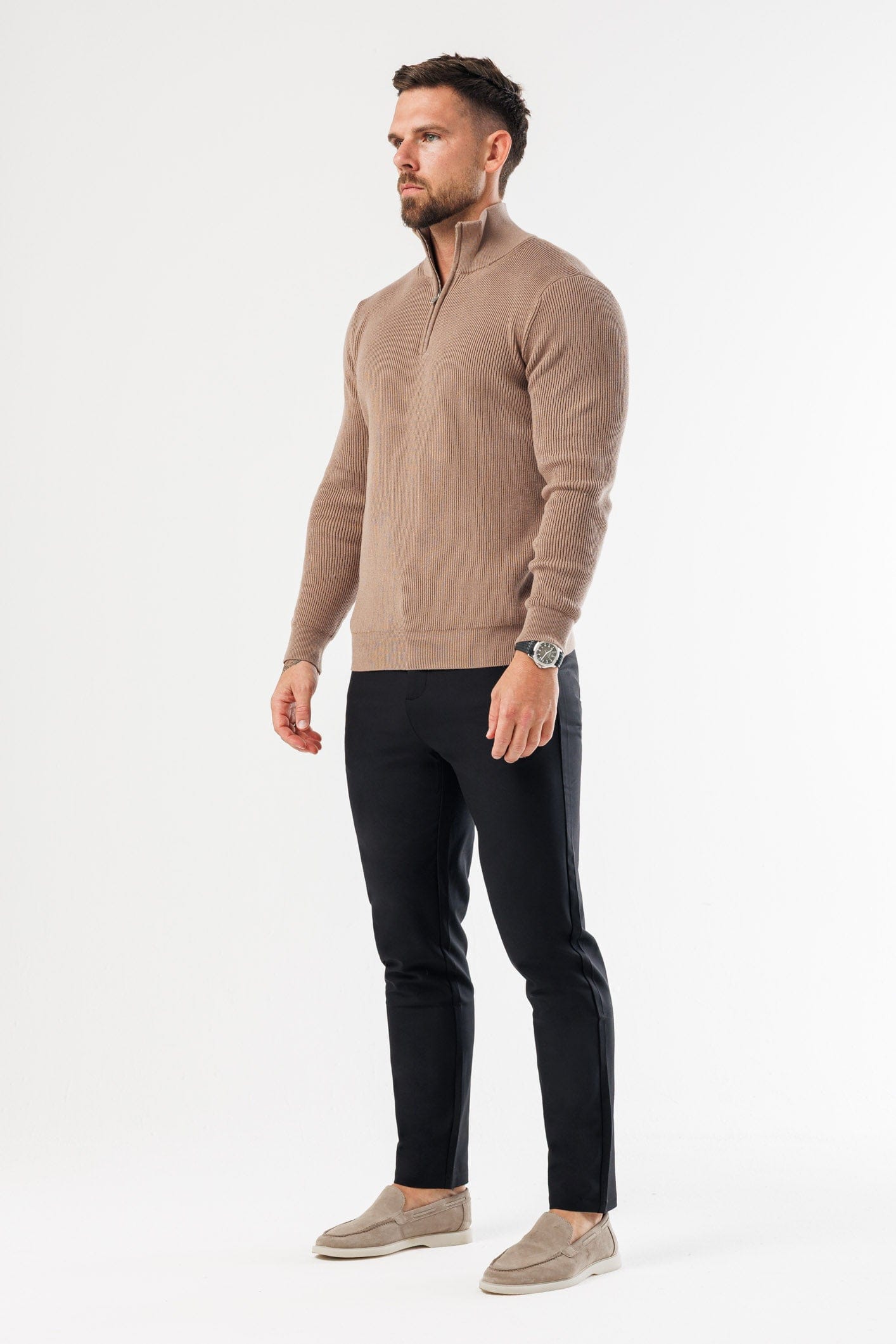 Legend London KNITWEAR RIDGE KNIT QUARTER ZIP - BROWN