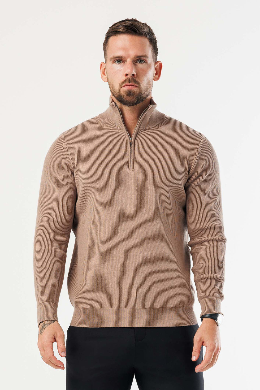 Legend London KNITWEAR RIDGE KNIT QUARTER ZIP - BROWN