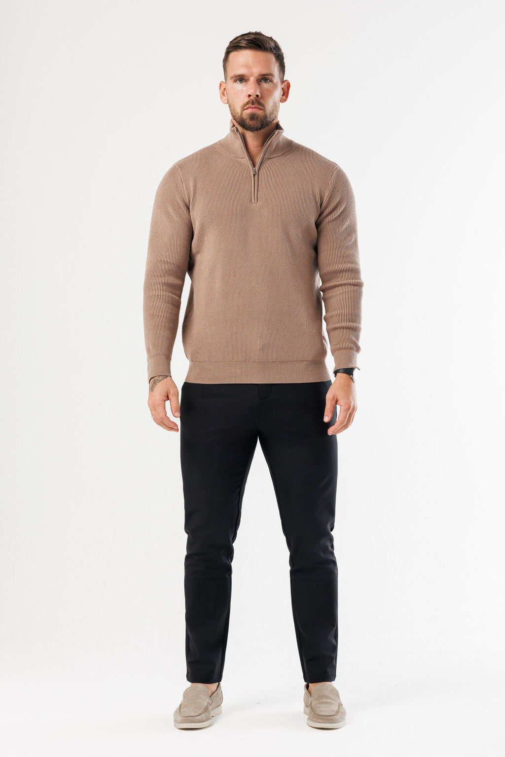 Legend London KNITWEAR RIDGE KNIT QUARTER ZIP - BROWN