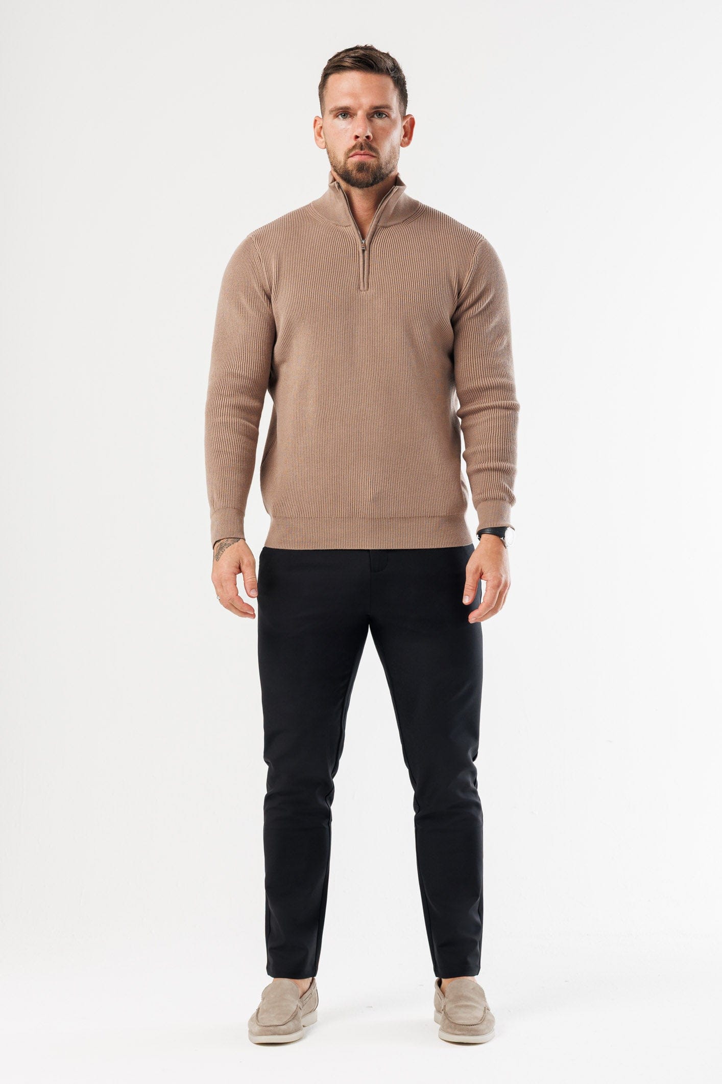 Legend London KNITWEAR RIDGE KNIT QUARTER ZIP - BROWN