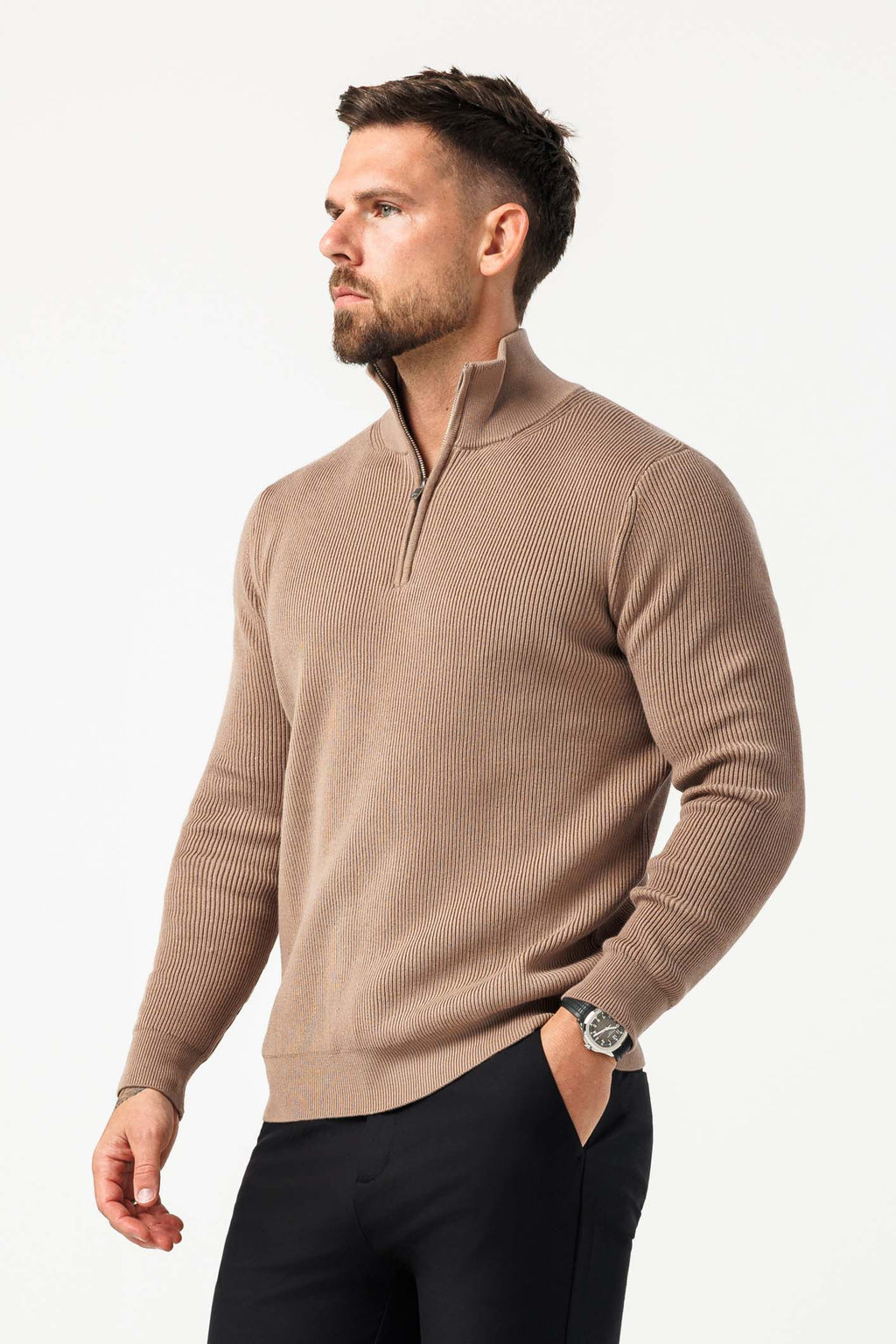 Legend London KNITWEAR RIDGE KNIT QUARTER ZIP - BROWN