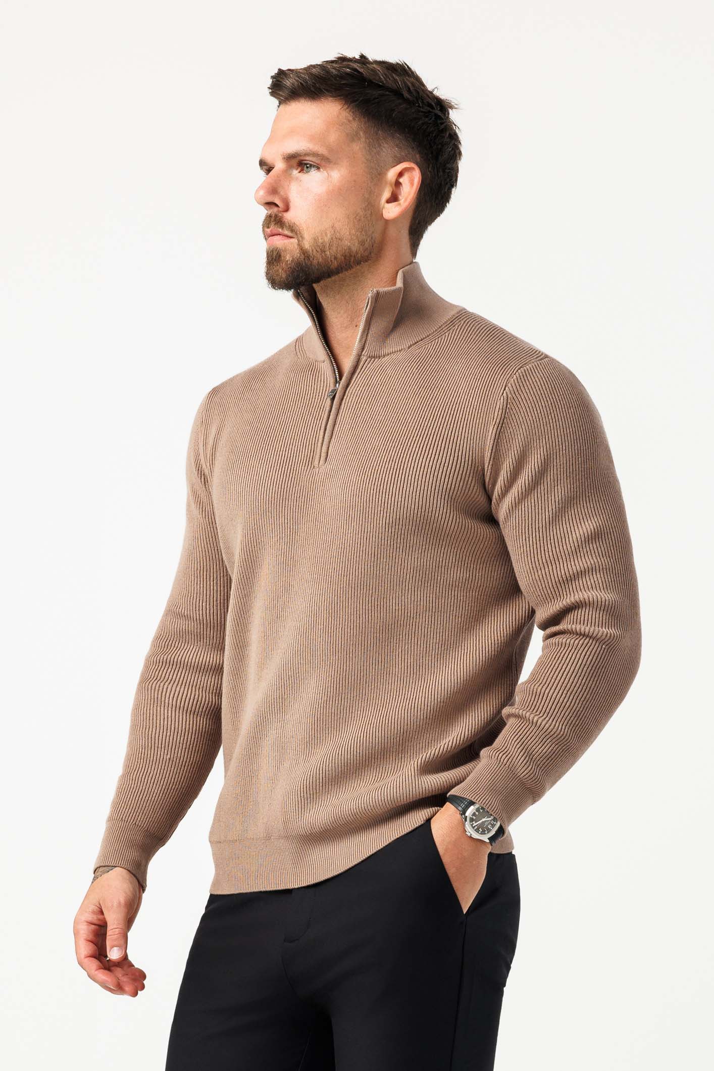 Legend London KNITWEAR RIDGE KNIT QUARTER ZIP - BROWN