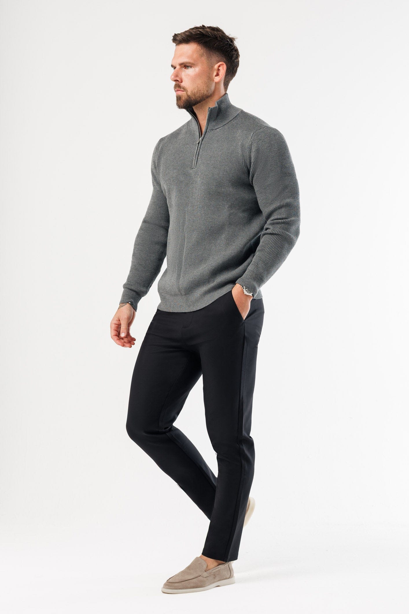Legend London KNITWEAR RIDGE KNIT QUARTER ZIP - GREY MARL