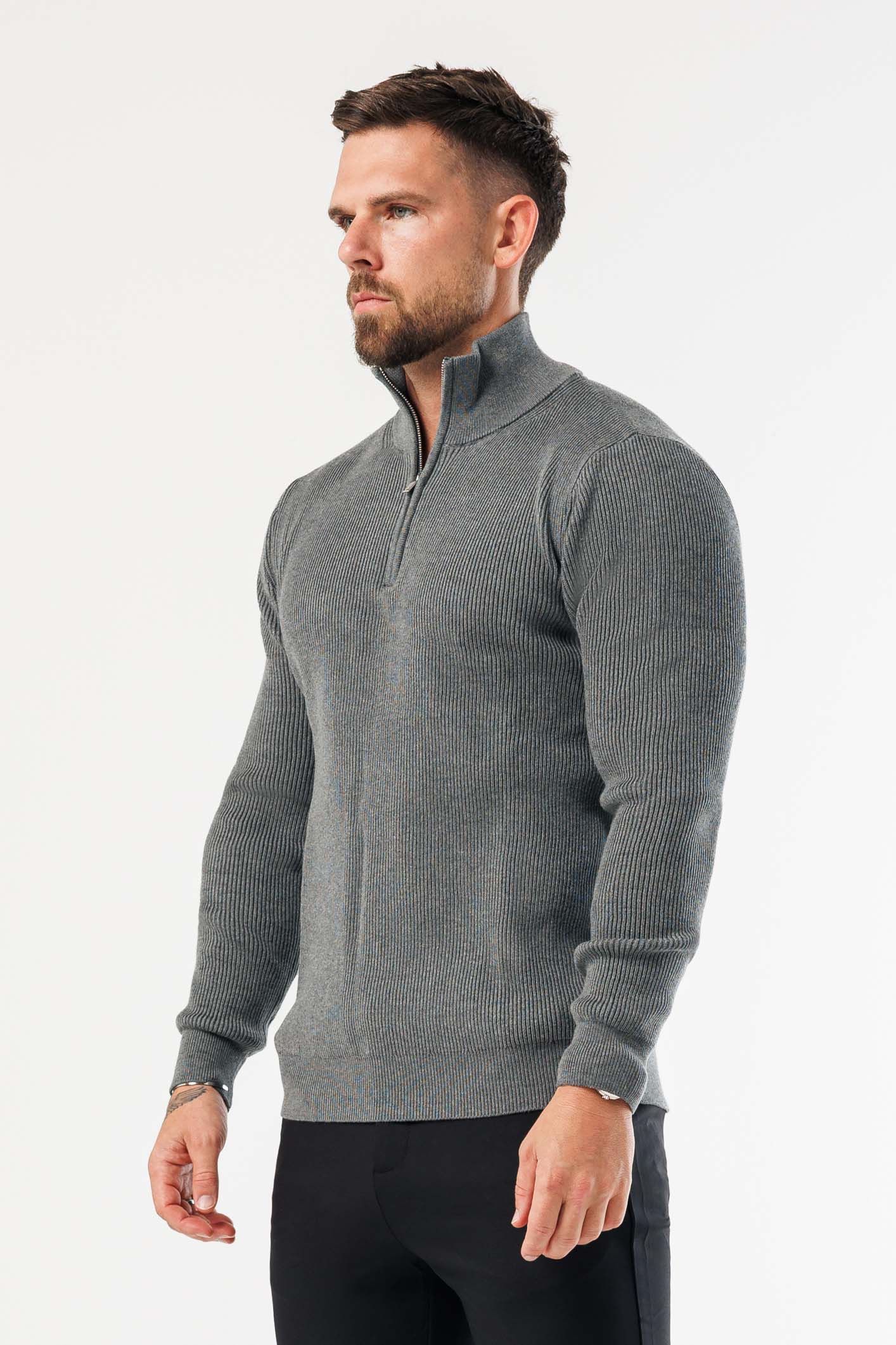Legend London KNITWEAR RIDGE KNIT QUARTER ZIP - GREY MARL