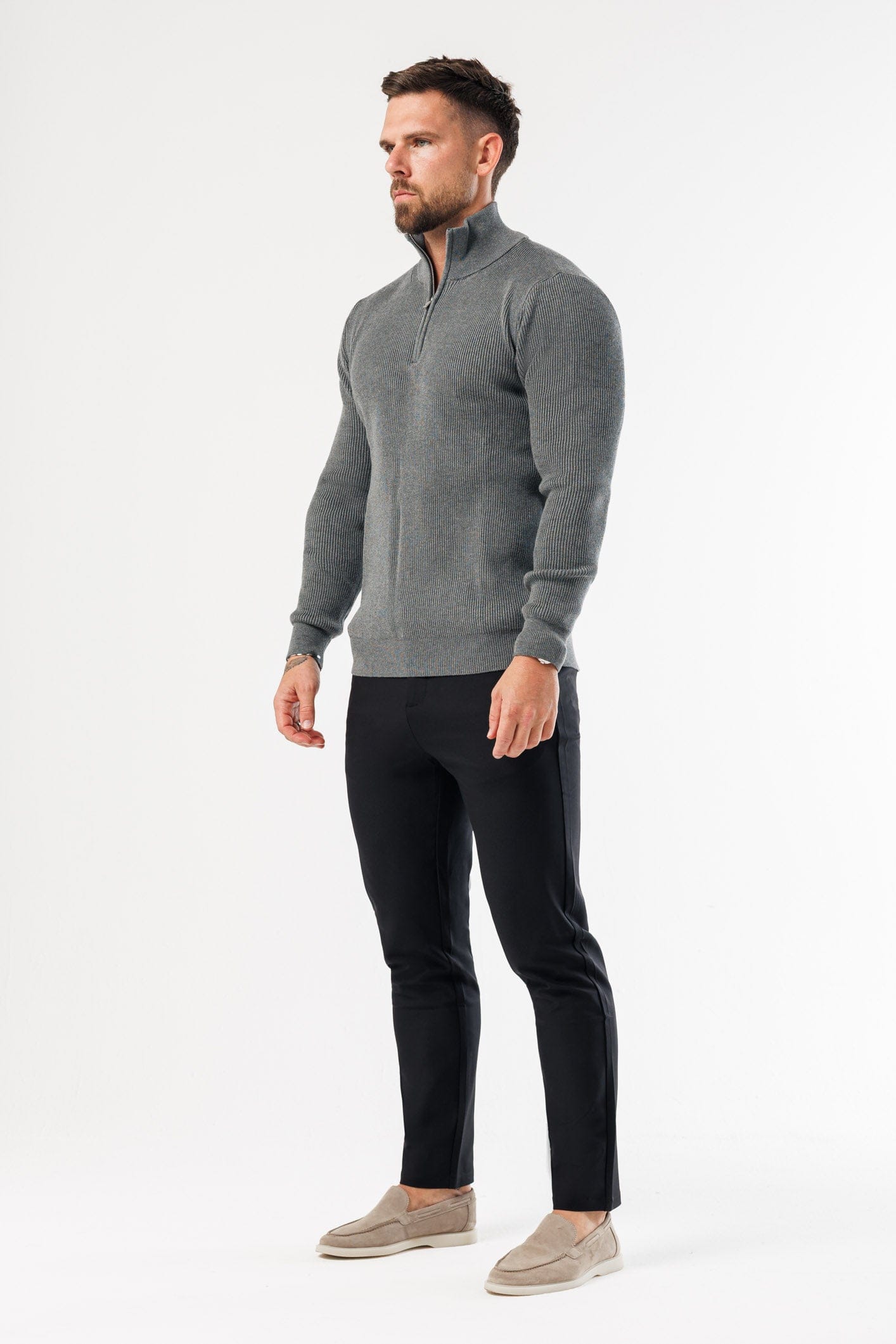 Legend London KNITWEAR RIDGE KNIT QUARTER ZIP - GREY MARL