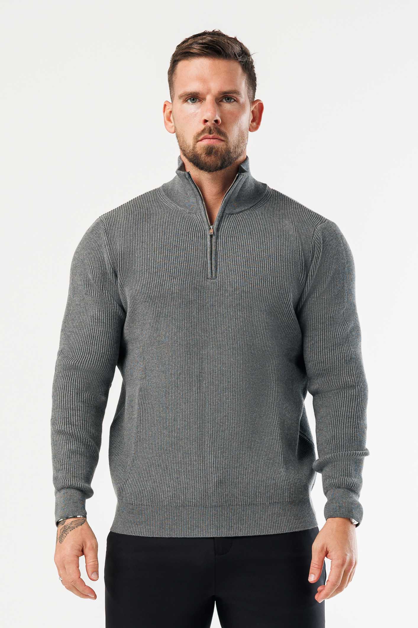 RIDGE KNIT QUARTER ZIP - DARK GREY MARL – Legend London