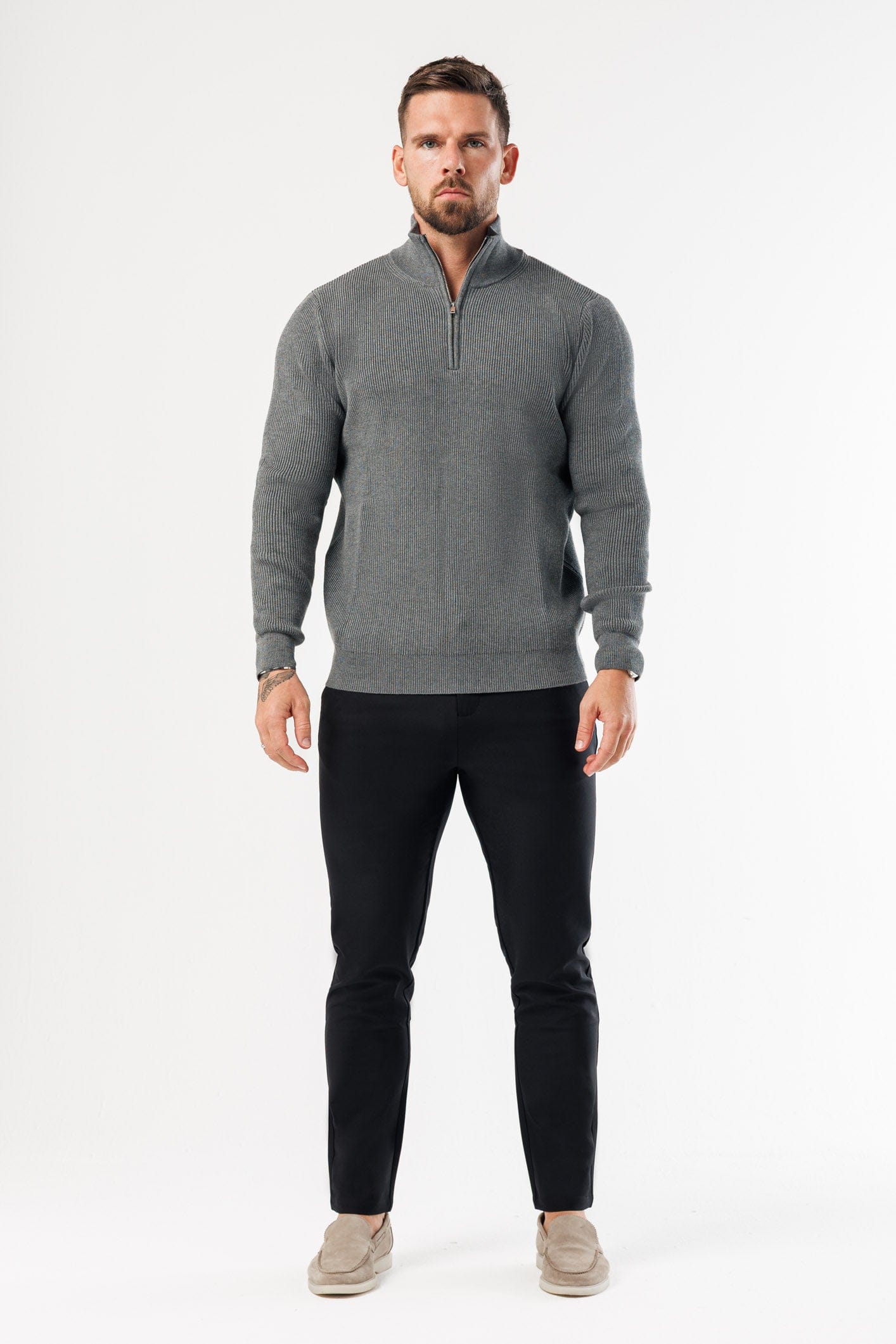 RIDGE KNIT QUARTER ZIP - DARK GREY MARL – Legend London
