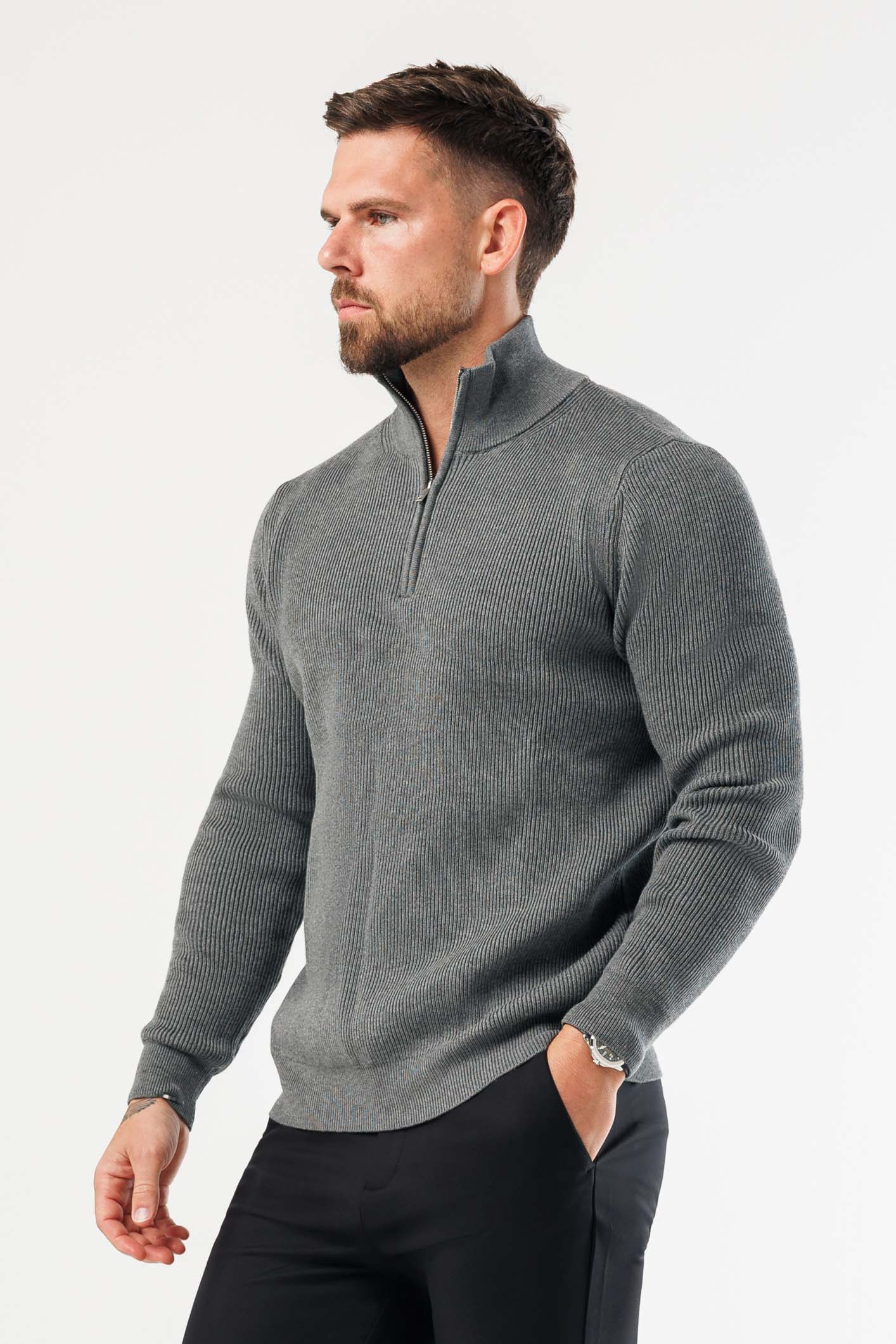 Legend London KNITWEAR RIDGE KNIT QUARTER ZIP - GREY MARL