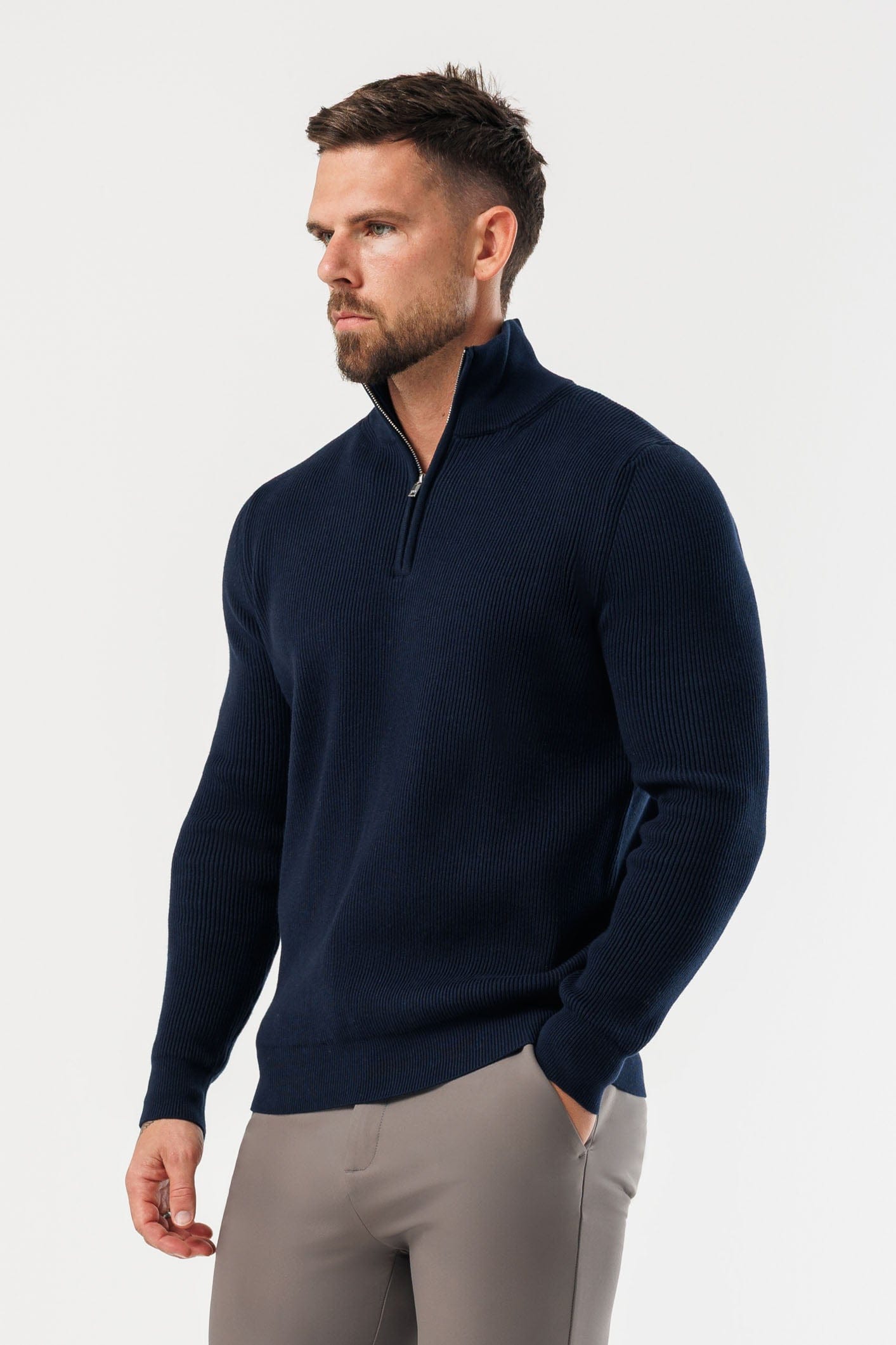 RIDGE KNIT QUARTER ZIP - NAVY – Legend London