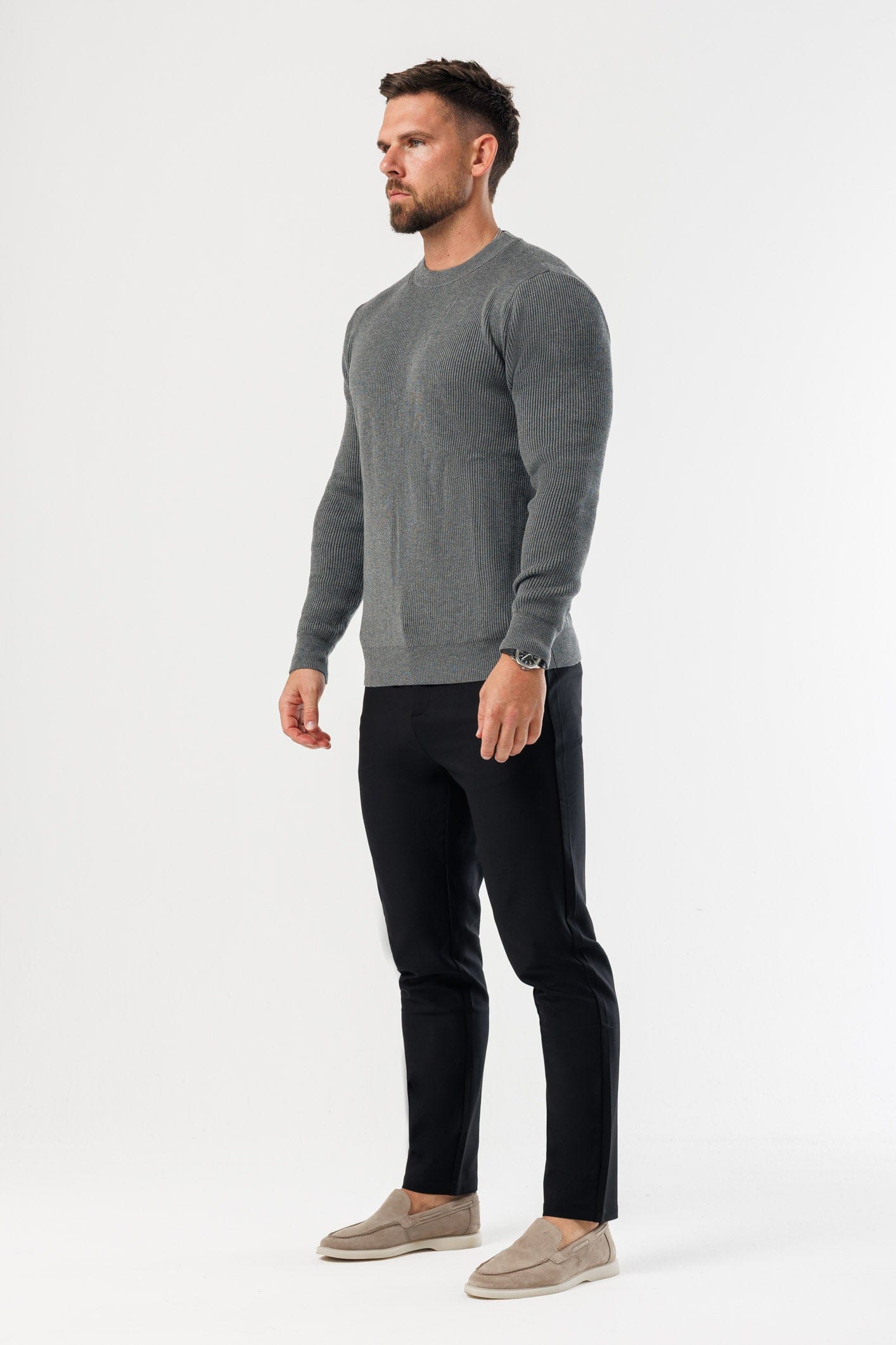 Legend London KNITWEAR RIDGE KNIT SWEATER - DARK GREY MARL