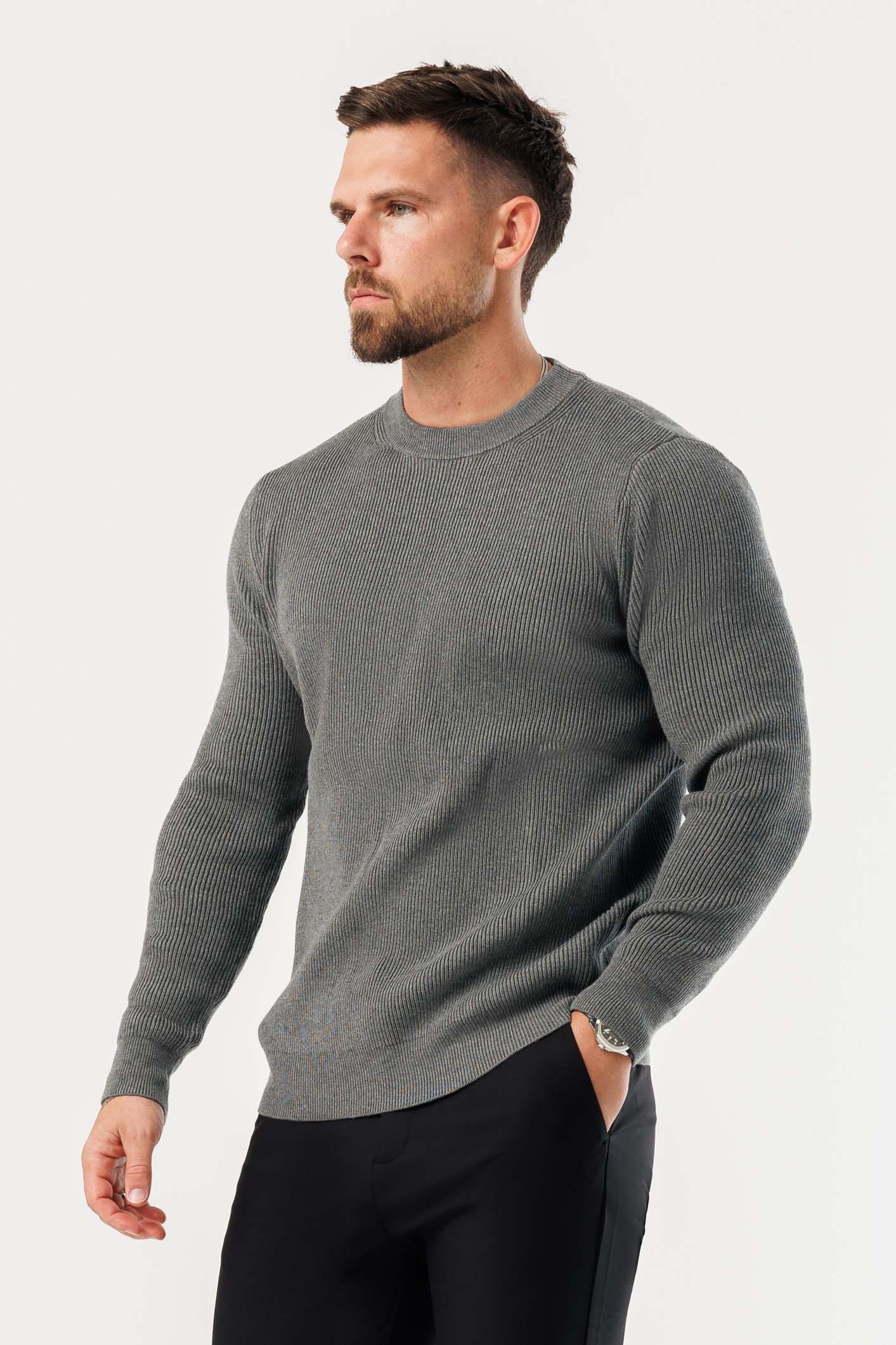 Legend London KNITWEAR RIDGE KNIT SWEATER - DARK GREY MARL