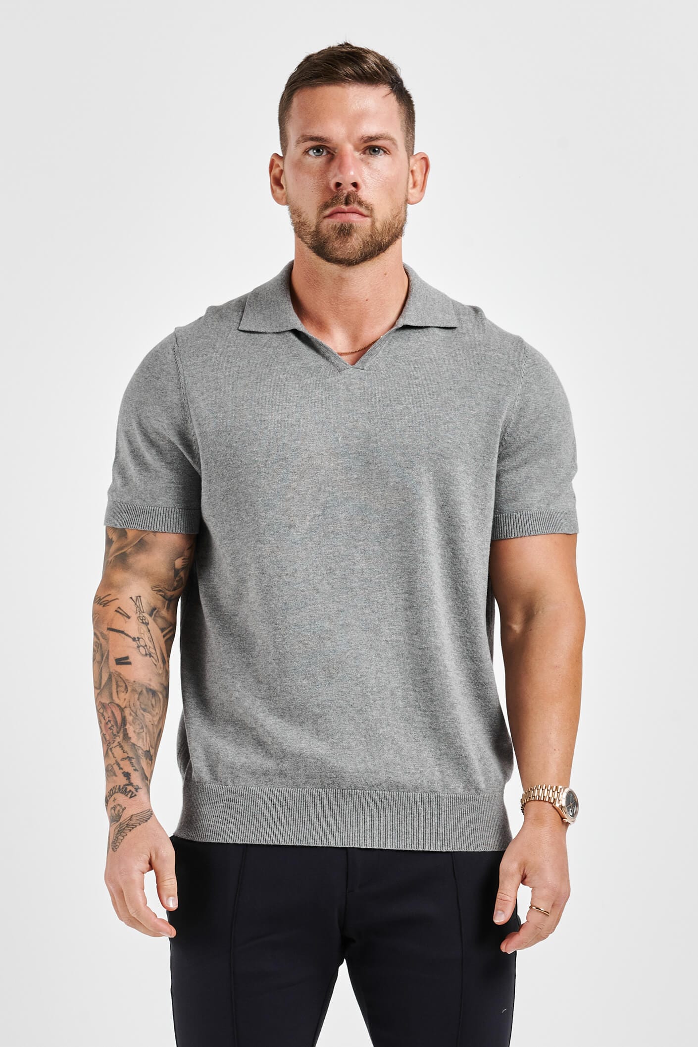 Legend London Polo LEGEND OPEN COLLAR POLO SHIRT - GREY MARL