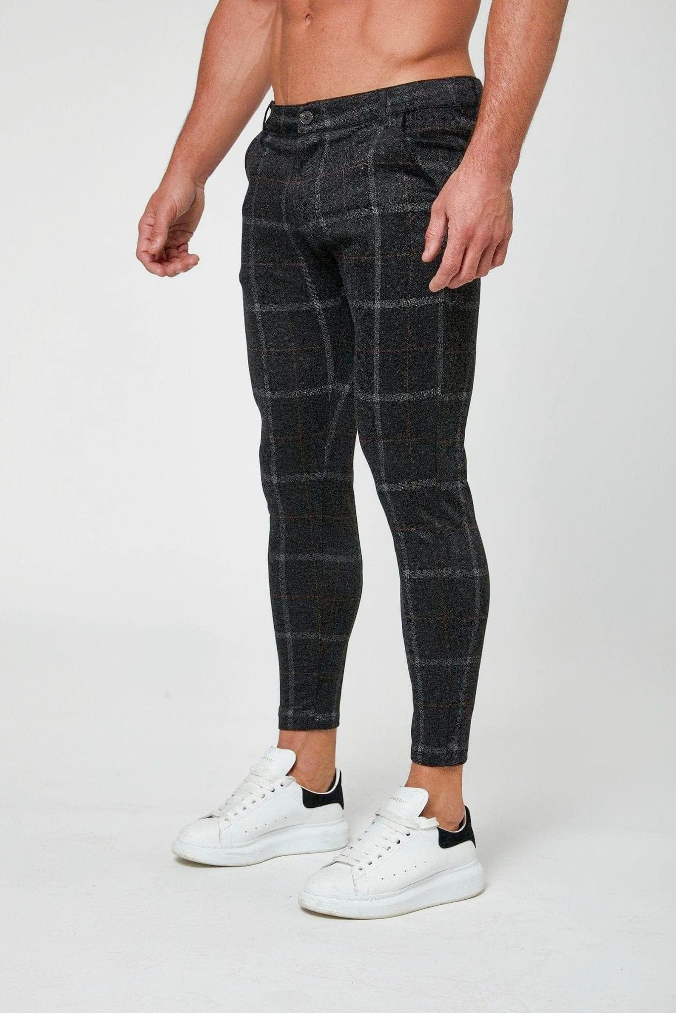 CHECKERED STRETCH TROUSERS - BLACK – Legend London