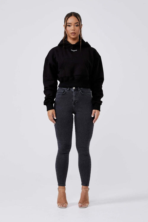 LEGEND LONDON Hoodies CENTER LOGO CROPPED HOODIE - BLACK