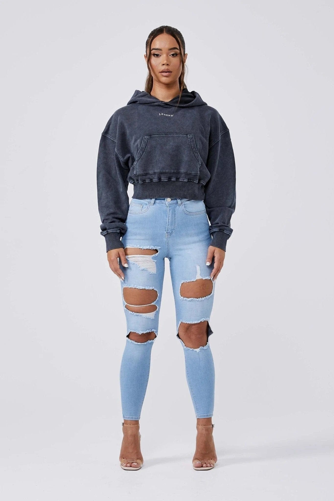 LEGEND LONDON Hoodies LOGO HOODIE CROPPED - WASHED GREY