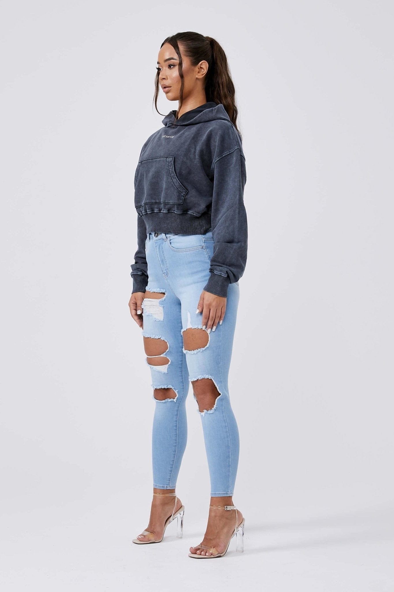 LEGEND LONDON Hoodies LOGO HOODIE CROPPED - WASHED GREY