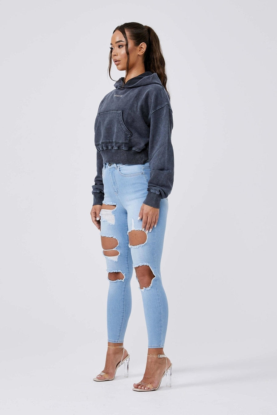 LEGEND LONDON Hoodies LOGO HOODIE CROPPED - WASHED GREY