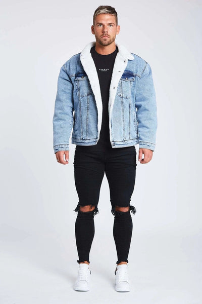 Grey jean jacket with fur cheap